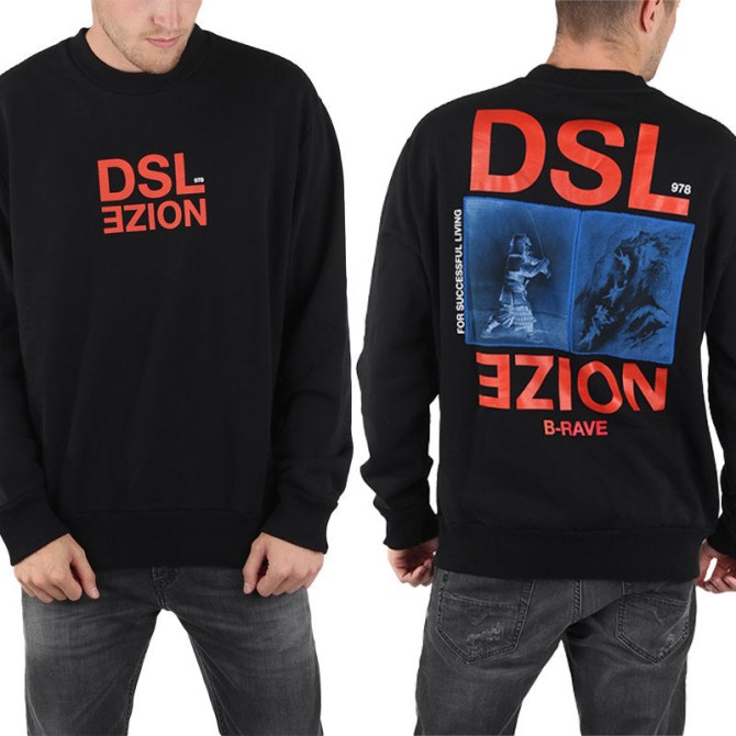 S Bay Xa Herren Pullover Sweatshirt Schwarz Rundhals Casual Outwear Diesel