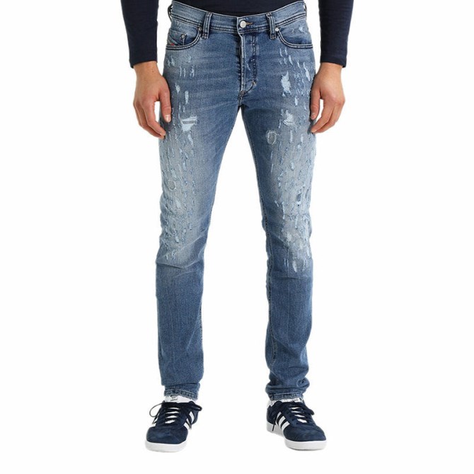 Diesel Tepphar 084qs Herren Denim Blue Jeans Distressed Stretch Slim Fit Karotte Denimblau