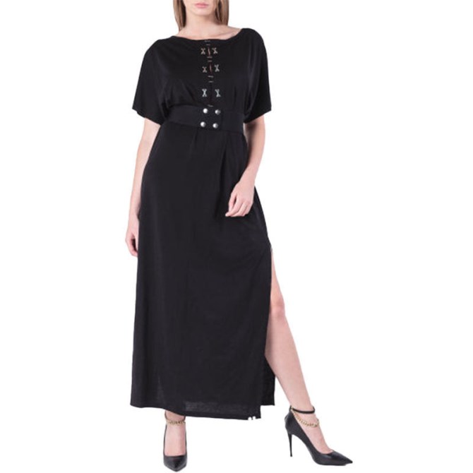 D Alba Damenkleid Lang Rundhals Maxi Metall Partywear Top Gürtel Schwarz Diesel