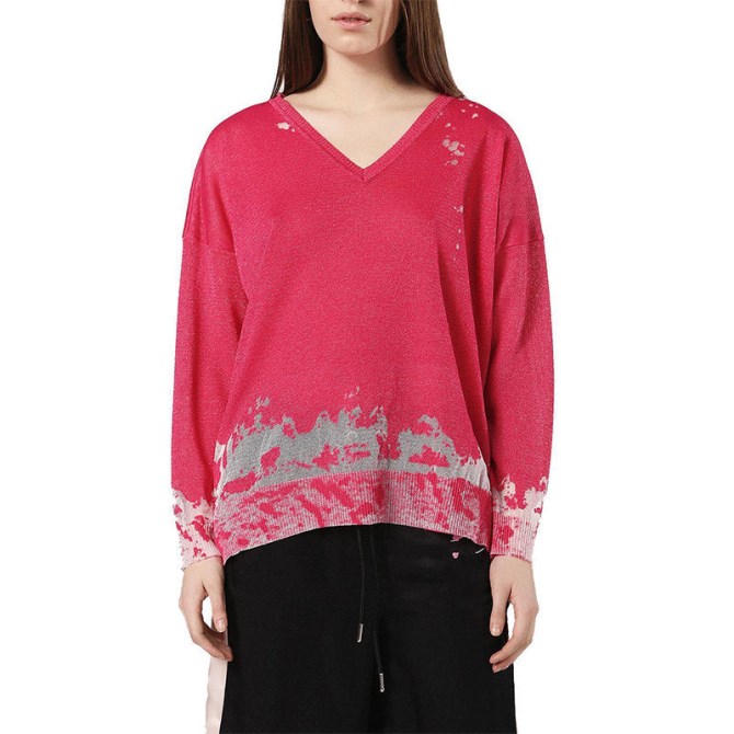 Diesel M Sport Damenkleid V-ausschnitt Langarm Pullover Regulär Rosa Oberteile