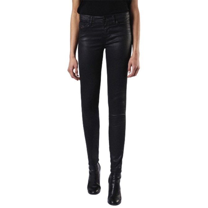 Diesel Skinzee 0662e Damen Jeans Super Slim Skinny Reißverschluss Glänzend Schwarz